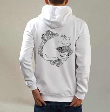 Сонный котище, Толстовка на молнии, печать на спине. муж. белая v3 320гр