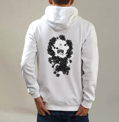 Enigmatic Face Hidden Among Baroque Florals / Лицо в цветочной броне, Толстовка на молнии, печать на спине. муж. белая v3 320гр