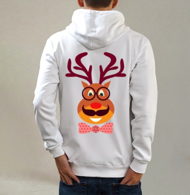 Hipster Deer / Олень-хипстер, Толстовка на молнии, печать на спине. муж. белая v3 320гр