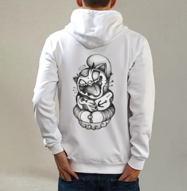 Космический КОТ, Толстовка на молнии, печать на спине. муж. белая v3 320гр