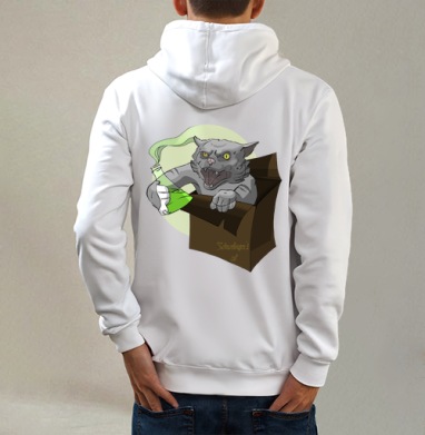 Shredingers cat free / Свободу коту Шрёдингера, Толстовка на молнии, печать на спине. муж. белая v3 320гр