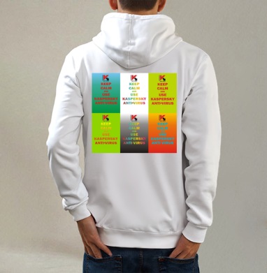 Плакаты KEEP CALM с логотипом Kaspersky, Толстовка на молнии, печать на спине. муж. белая v3 320гр