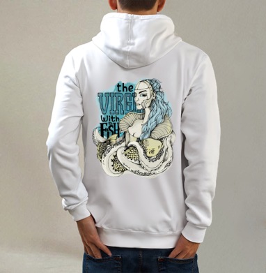Virgin with a fish / Дева с рыбой, Толстовка на молнии, печать на спине. муж. белая v3 320гр