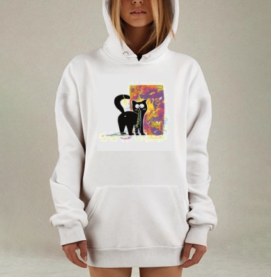 Черный кот с новогодними ленточками Новый год к нам, Hoodie Mjhigh Dig, оверсайз, утепленная