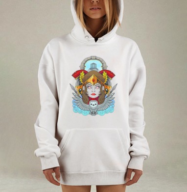 Величественная женщина с совой и римскими шлемами на фоне храма, Hoodie Mjhigh Dig, оверсайз, утепленная
