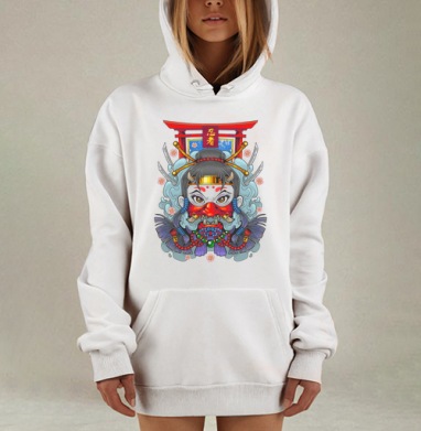 Мистический портрет девушки-ниндзя с маской Они, Hoodie Mjhigh Dig, оверсайз, утепленная