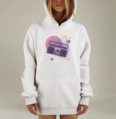 Ретро магнитофон фиолетовый в геометрическом стиле на сером фоне, Hoodie Mjhigh Dig, оверсайз, утепленная
