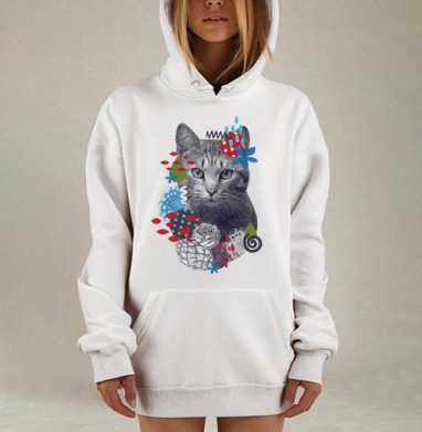 Реалистичная Голова Кота в Абстрактной Цветочной Композиции, Hoodie Mjhigh Dig, оверсайз, утепленная
