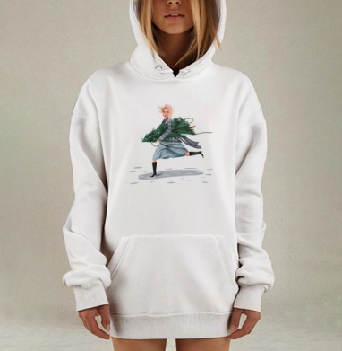 Девушка несёт новогоднюю елку в спешке рождественский момент, Hoodie Mjhigh Dig, оверсайз, утепленная