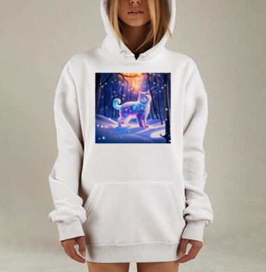 Белый кот зимой в зимнем лесу снегопадом вместе, Hoodie Mjhigh Dig, оверсайз, утепленная