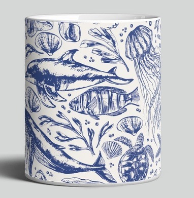 Океанические существа в стиле старой гравюры / Ocean creatures engraving style, Кружка c принтом керамическая