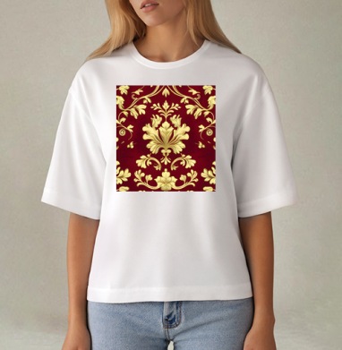 Золотой дамасский узор на темном бордовом фоне Golden damask pattern, Футболка женская оверсайз Mido