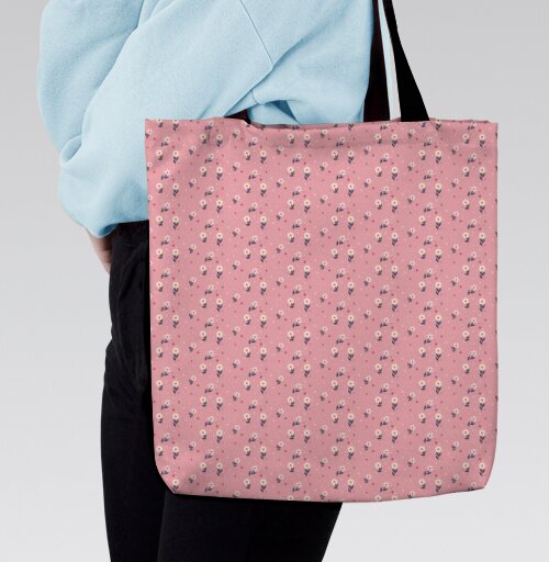 Нежные белые цветы на розовом фоне цветочный паттерн / White floral pattern, Сумка с ручкой и внутренним карманом на молнии