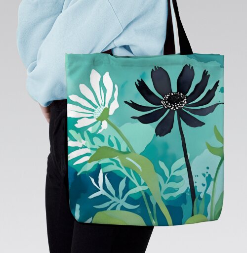 Modern Teal Floral Composition / Абстрактная бирюзовая цветочная композиция, Сумка с ручкой и внутренним карманом на молнии