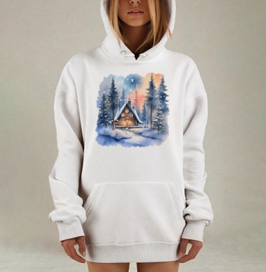 Зимний лесной домик уединение в снежном лесу, Hoodie Mjhigh Dig, оверсайз, утепленная