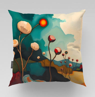 Surreal Flower Garden Абстрактные цветы тянутся к сияющему теплому солнцу, Подушка велюр плюшевая 45х45