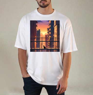 Silhouette Cat Watching City Sunset Силуэт кота смотрящего на закат города, Футболка / Мужчинам / Оверсайз / Белая / C принтом