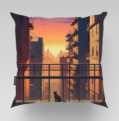 Silhouette Cat Watching City Sunset Силуэт кота смотрящего на закат города, Подушка велюр плюшевая 45х45