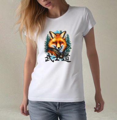 Портрет Лисы-Самурая в стиле Sticker Art, Футболка женская белая 180гр