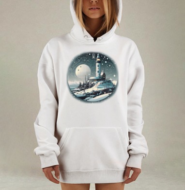 Морской маяк ночью с загадочным силуэтом моряка, Hoodie Mjhigh Dig, оверсайз, утепленная
