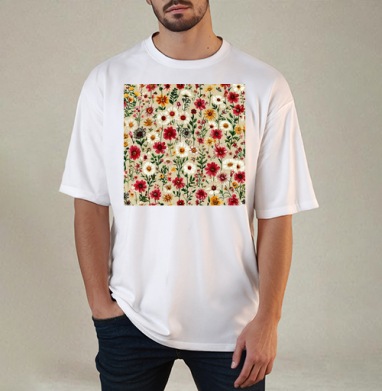 Vintage Wildflower Meadow Garden Pattern / Винтажный луг садовый полевые цветы, Футболка / Мужчинам / Оверсайз / Белая / C принтом