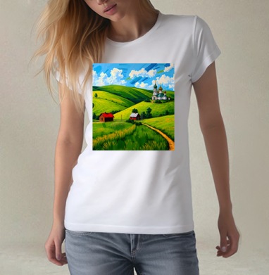 Village Summer Landscape - Летний сельский пейзаж с золотыми куполами церкви, Футболка женская белая 180гр