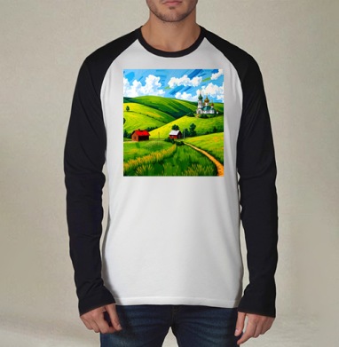 Village Summer Landscape - Летний сельский пейзаж с золотыми куполами церкви, Футболка длинный рукав / Мужчинам / Реглан / Принт