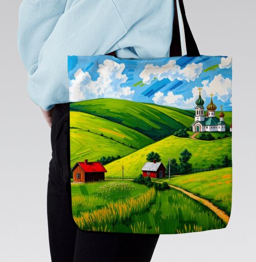 Village Summer Landscape - Летний сельский пейзаж с золотыми куполами церкви, Сумка с ручкой и внутренним карманом на молнии