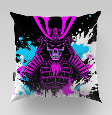 Neon Cyber Samurai Warrior / Самурай Череп в ярких брызгах краски, Подушка велюр плюшевая 45х45