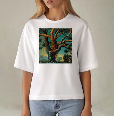 Golden tree in turquoise forest / Золотое дерево в бирюзовом лесу, Футболка женская оверсайз Mido
