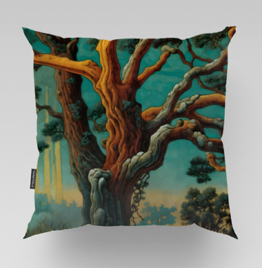 Golden tree in turquoise forest / Золотое дерево в бирюзовом лесу, Подушка велюр плюшевая 45х45