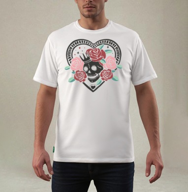 Череп с короной и красными розами на сердце, Футболка мужская REGULAR белая