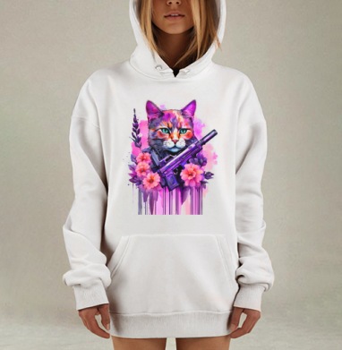 Кот с винтовкой в цветах кот с винтовкой в цветах, Hoodie Mjhigh Dig, оверсайз, утепленная