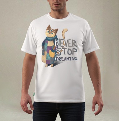 Яркая вдохновляющая стилизованная кошка NEVER STOP DREAMING, Футболка мужская REGULAR белая