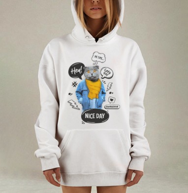 Стильный кот с желтым шарфом — поп-арт коллаж, Hoodie Mjhigh Dig, оверсайз, утепленная