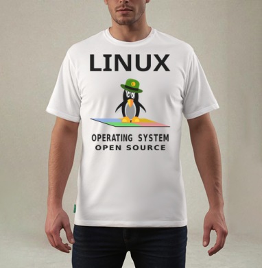 Пингвин в зеленой шляпе на фоне Linux операционная система open source - Магазин футболок Wladimir. Дизайнерские принты.