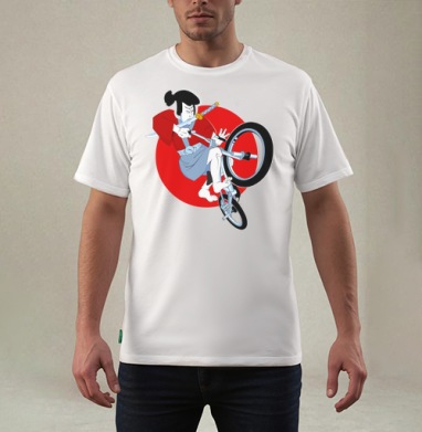 Динамичная векторная иллюстрация самурая на заднем колесе самурай на BMX, Футболка мужская REGULAR белая