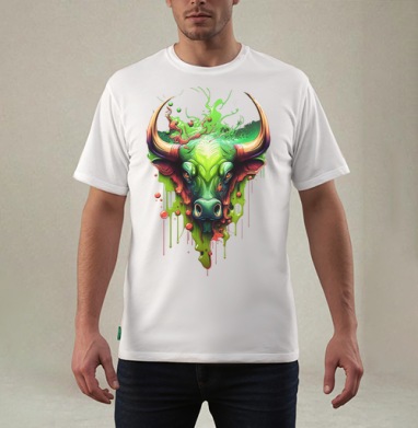 Зеленая голова быка с брызгами на фоне динамики краски - Made in AlexTrasT