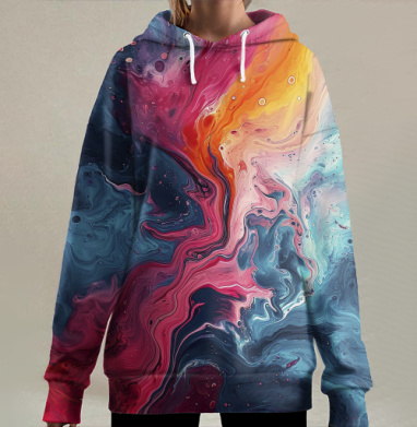 Яркая абстракция синие красные оттенки на подушке, Hoodie Long Oversize 3D