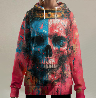 Череп с короной на красном фоне времен жизни, Hoodie Long Oversize 3D