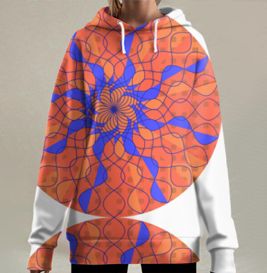 Абстрактное рыжее солнце с синими геометрическими линиями и формами, Hoodie Long Oversize 3D
