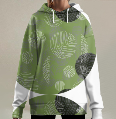 Абстрактные абстрактные листья круги на зеленом фоне, Hoodie Long Oversize 3D