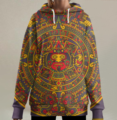 Календарь Ацтеков в этно стиле с яркой палитрой, Hoodie Long Oversize 3D
