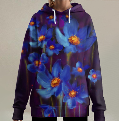 Синие Цветы в Темноте Магическая Красота природы, Hoodie Long Oversize 3D