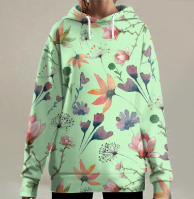 Акварельный цветочный узор весенней легкости, Hoodie Long Oversize 3D