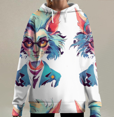 Загадочный персонаж с ушами и очками фантастический герой, Hoodie Long Oversize 3D