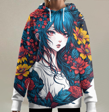 Синеволосая девушка в окружении красных желтых цветов, Hoodie Long Oversize 3D