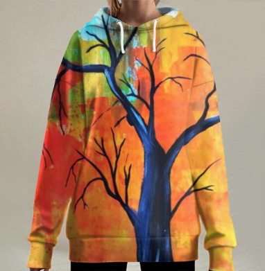 Яркое осеннее дерево в темных ветвях, Hoodie Long Oversize 3D