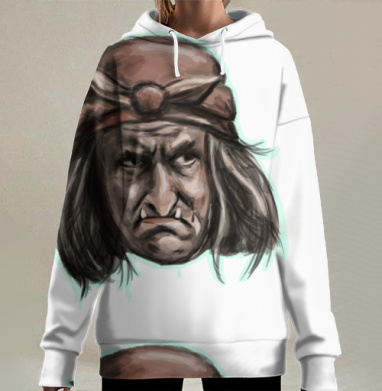 Лицо Бабы Яги с мрачным взглядом на сером фоне, Hoodie Long Oversize 3D