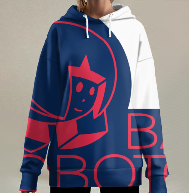 Ретро робот парит в синем с красным Bal Robotov, Hoodie Long Oversize 3D